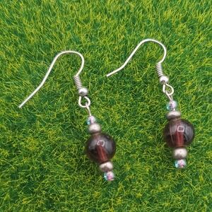 Vintage Purple Glass Bead Earrings Delicate Silver-Tone Drop E242